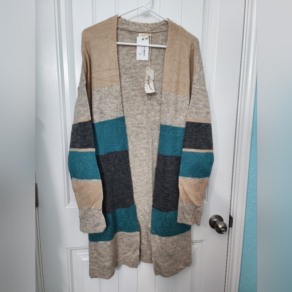 NEW! Mystree Open Cardigan Color Block Beige, Teal & Gray Size Large Long Sleeve